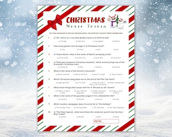 May include: A Christmas Movie Trivia game sheet with a red and green border. The title "Christmas Movie Trivia" is at the top, with questions about popular Christmas movies. Includes a red bow and snowman graphics.