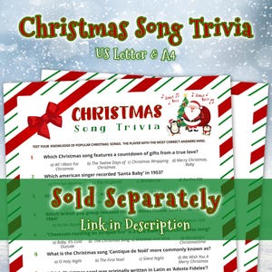 Christmas Song Trivia Game available in US Letter and A4 sizes. Sold separately, link in description.