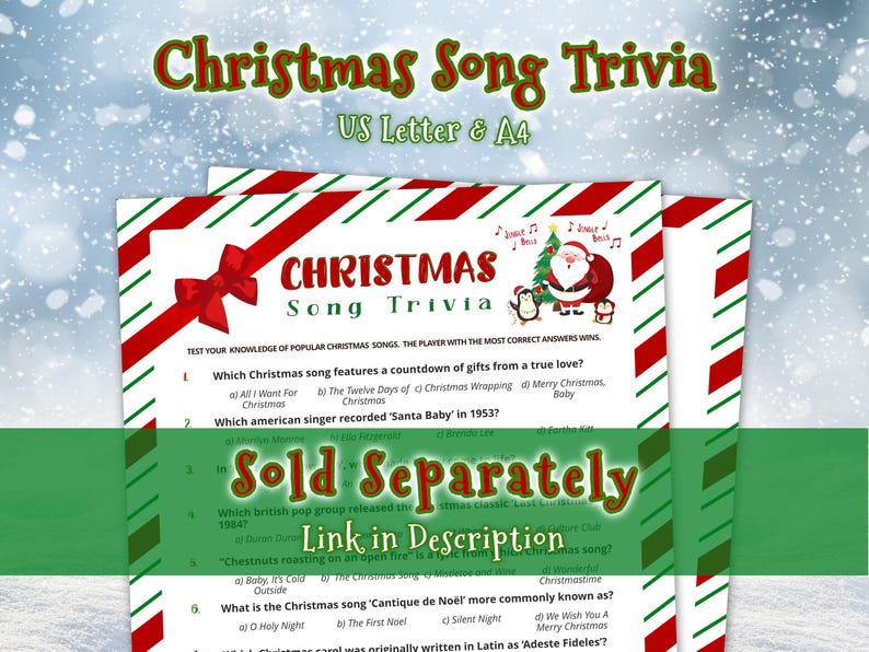 Christmas Song Trivia Game available in US Letter and A4 sizes. Sold separately, link in description.