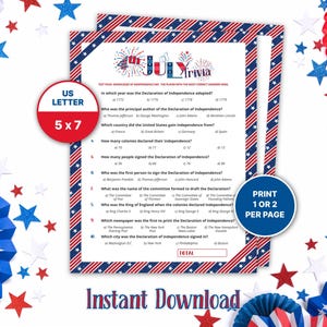 4th of July Trivia Game, Fourth of July Trivia Games Printable, Activity for Teens & Adults, Independence Day Trivia Questions and Answers