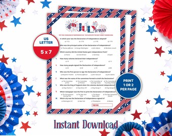 4th of July Trivia Game, Fourth of July Trivia Games Printable, Activity for Teens & Adults, Independence Day Trivia Questions and Answers