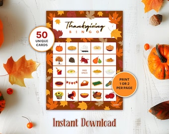 Thanksgiving Bingo, 50 Printable Cards, Kids Party Game Classroom Activity, Fun Family Game Night