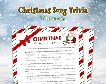 May include: A Christmas Song Trivia game sheet with a festive design. The title is in red and green, with a Santa Claus illustration. The trivia questions are about popular Christmas songs, perfect for holiday gatherings.
