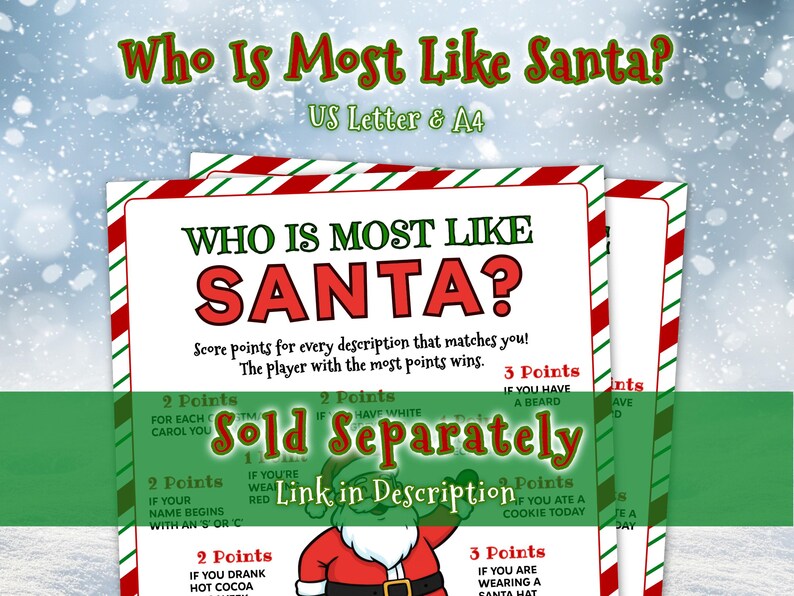 Who Is Most Like Santa? Icebreaker Game available in US Letter and A4 sizes. Sold separately, link in description.