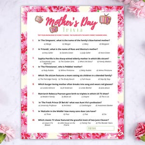 May include: Mother's Day trivia game with a floral border. The game includes questions about classic TV shows like The Simpsons and Friends. The design features pink flowers and a vintage television graphic.