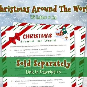 Christmas Around The World Trivia Game available in US Letter and A4 sizes. Sold separately, link in description.