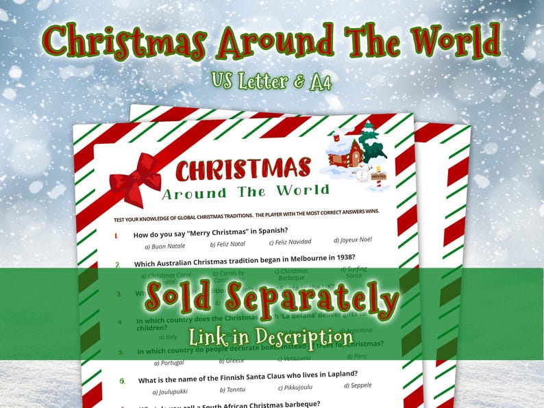 Christmas Around The World Trivia Game available in US Letter and A4 sizes. Sold separately, link in description.