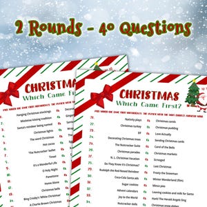 2 rounds – 40 questions. Two Christmas Which Came First? game cards placed on a snow-covered winter background, surrounded by falling snowflakes.