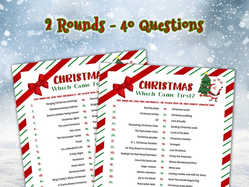 2 rounds – 40 questions. Two Christmas Which Came First? game cards placed on a snow-covered winter background, surrounded by falling snowflakes.
