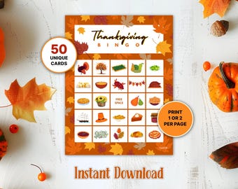 Thanksgiving Bingo: 50 Printable Party Game Cards, Fall Classroom Activity or Family Game Night
