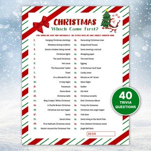 Printable Which Came First? Christmas trivia game with 40 Christmas-related quiz questions, a ‘jolly Santa Claus' Christmas illustration and red, white and green candy cane style border pattern. One Christmas Which Came First? game card placed on a snow-covered winter background, surrounded by falling snowflakes. 
Available in US Letter, 5x7, A4 and A5 sizes. Print 1 or 2 per page. Instant Download.