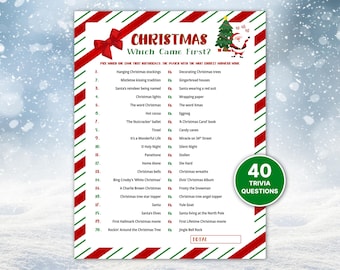 Könnte beinhalten: Ein Weihnachts-Quizspiel mit rot-grün gestreiftem Rand. Das Spiel enthält 40 Quizfragen zum Thema Weihnachten, darunter Fragen zu Santa, Weihnachtsbeleuchtung und Weihnachtsfilmen.