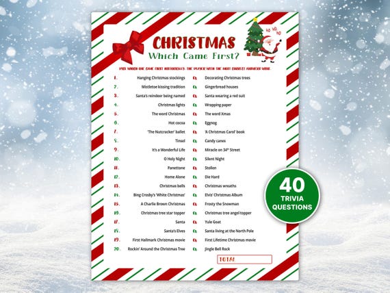 Which Came First Christmas Trivia Game - Printable Family Quiz Games For Kids, Adults & Seniors, 40 Holiday Questions with Answers