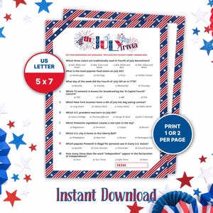 Fun 4th of July Trivia Game, Fourth of July Trivia Games Printable, Activity for Teens & Adults, Independence Day Trivia Questions + Answers