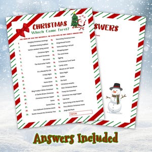 Answers included. Christmas Which Came First? trivia game plus answer key sheet printed on 8.5" x 11" US Letter paper placed on a snow-covered winter background, surrounded by falling snowflakes.