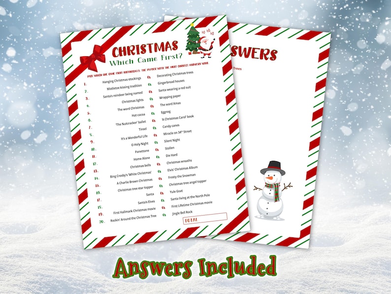 Answers included. Christmas Which Came First? trivia game plus answer key sheet printed on 8.5" x 11" US Letter paper placed on a snow-covered winter background, surrounded by falling snowflakes.