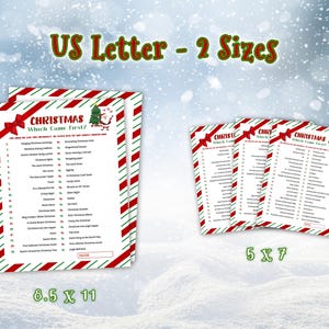 US Letter Paper - 2 Sizes, 8.5 x 11 and 5 x 7. 
Which Came First? Christmas trivia game printed as 8.5" x 11" and 5" x 7" game cards placed on a snow-covered winter background, surrounded by falling snowflakes.