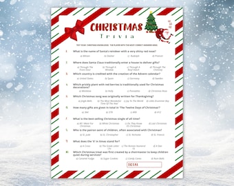 May include: Christmas trivia game with a festive design. The game features a red bow, diagonal red and white stripes, and a Christmas tree graphic. The trivia questions are about Christmas traditions and songs.