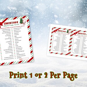 Print 1 or 2 per page. Christmas Which Came First? trivia game printed 1 per US Letter page and 2 per US Letter page placed on a snow-covered winter background, surrounded by falling snowflakes.