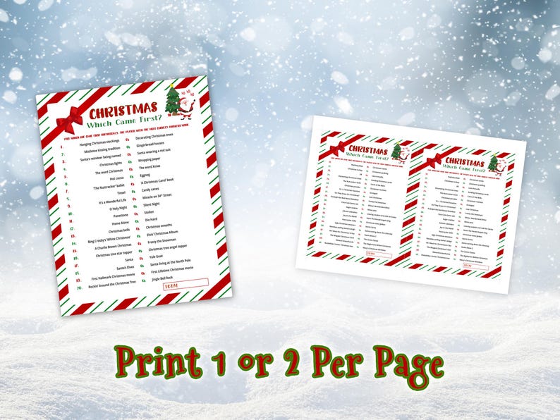 Print 1 or 2 per page. Christmas Which Came First? trivia game printed 1 per US Letter page and 2 per US Letter page placed on a snow-covered winter background, surrounded by falling snowflakes.