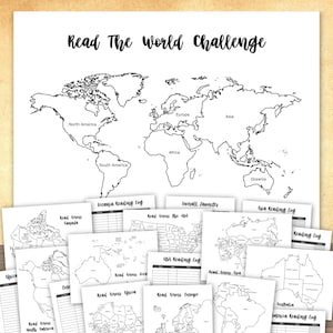 May include: A black and white world map with continents labeled, titled "Read The World Challenge." Below are reading logs for different regions. A stack of books is on the right.