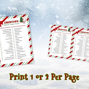 Print 1 or 2 per page. Christmas Which Came First? trivia game printed 1 per A4 page and 2 per A4 page placed on a snow-covered winter background, surrounded by falling snowflakes.