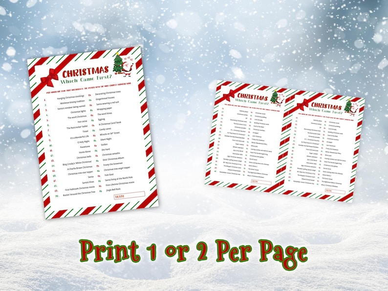 Print 1 or 2 per page. Christmas Which Came First? trivia game printed 1 per A4 page and 2 per A4 page placed on a snow-covered winter background, surrounded by falling snowflakes.