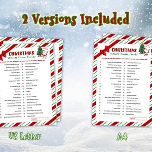 2 versions included. Christmas Which Came First? game in US Letter and A4 sizes on a snow-covered winter background, surrounded by falling snowflakes.