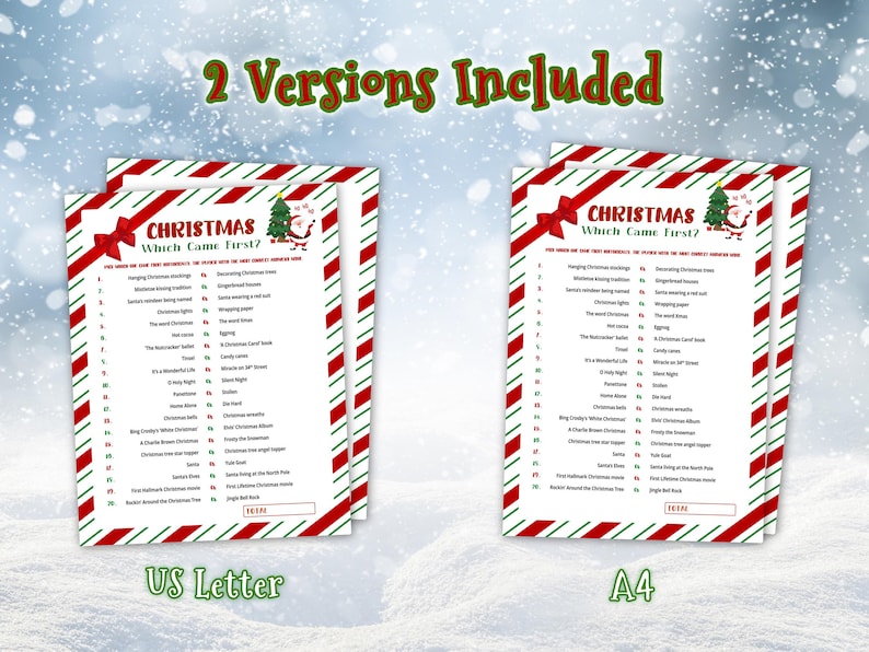 2 versions included. Christmas Which Came First? game in US Letter and A4 sizes on a snow-covered winter background, surrounded by falling snowflakes.