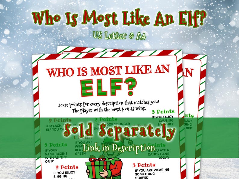 Who Is Most Like An Elf? Icebreaker Game available in US Letter and A4 sizes. Sold separately, link in description.