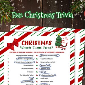 Fun Christmas trivia game. Close up of two Christmas Which Came First? game cards with a ‘jolly Santa Claus' Christmas illustration and a red, white and green candy cane style border pattern. The game cards feature Christmas related quiz questions and are placed on a dark brown wooden table surrounded by snowflakes, pine tree branches and Christmas ornaments.
Christmas trivia activity for Christmas party, classroom Christmas, holiday office party, or family game night.