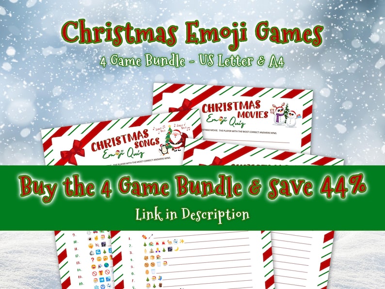 Christmas Emoji Games Bundle available in US Letter and A4 sizes. Buy the 4 game bundle and save 44%. Sold separately, link in description.