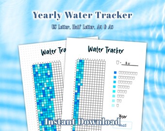 Yearly Drinking Water Tracker, Printable Bullet Journal Habit Tracker Page, Year In Pixels Hydration Tracker, Water Intake Wellness Journal