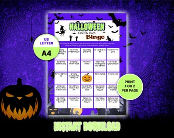 May include: A Halloween-themed bingo game with a purple background, bats, and a jack-o'-lantern. The game features a grid of prompts and the text "Halloween Find The Guest Bingo". Includes the text "US LETTER A4" and "PRINT 1 OR 2 PER PAGE".