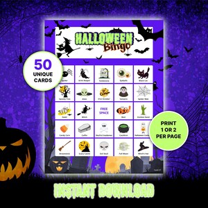 May include: A Halloween Bingo game with 50 unique cards, featuring spooky illustrations like spiders, witches, and pumpkins. The game board is set against a purple background with bats and a jack-o'-lantern. The text "Instant Download" is visible.