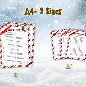 A4 Paper - 2 Sizes, A4 and A5. 
Which Came First? Christmas trivia game printed as A4 and A5 game cards placed on a snow-covered winter background, surrounded by falling snowflakes.