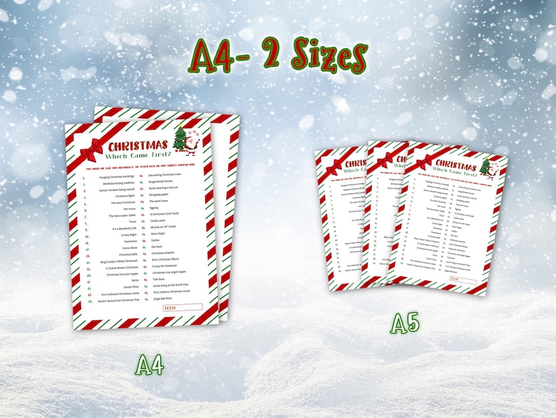 A4 Paper - 2 Sizes, A4 and A5. 
Which Came First? Christmas trivia game printed as A4 and A5 game cards placed on a snow-covered winter background, surrounded by falling snowflakes.