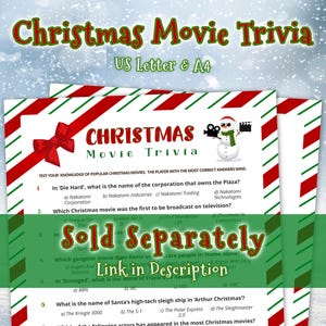 Christmas Movie Trivia Game available in US Letter and A4 sizes. Sold separately, link in description.