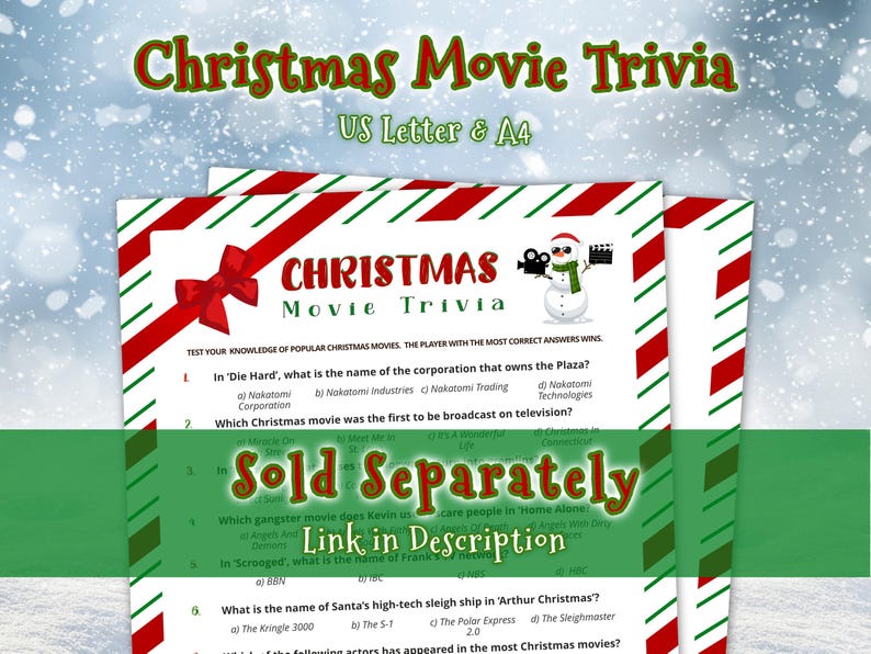 Christmas Movie Trivia Game available in US Letter and A4 sizes. Sold separately, link in description.