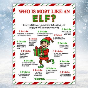 May include: A festive Christmas game board titled "Who Is Most Like An Elf?" features a cartoon elf holding a gift. The board has red and green text and borders, with point values for various elf-related characteristics.