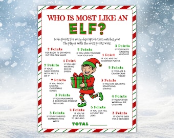 May include: A festive Christmas game board titled "Who Is Most Like An Elf?" features a cartoon elf holding a gift. The board has red and green text and borders, with point values for various elf-related characteristics.