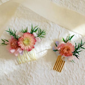Pink Strawflower and Greenery Hair Comb & Hairpin Set – Handmade Floral Accessories