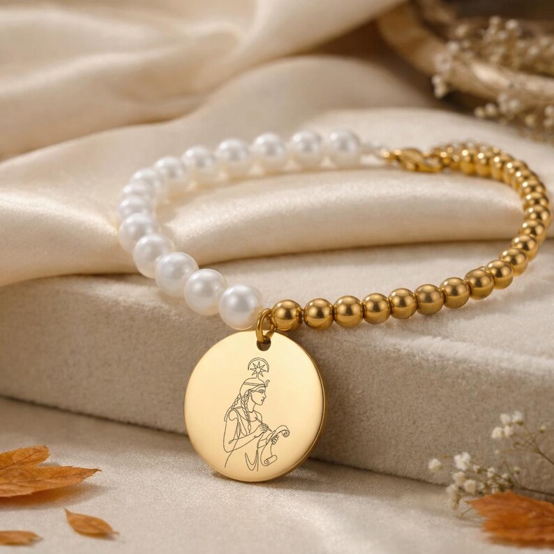 Personalized Seshat Egyptian Goddess Pearl & Gold Coin Bracelet ...
