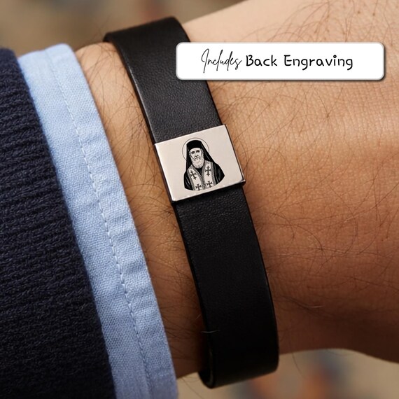 Personalized St Nectarios Leather Bracelet • Custom Engraved