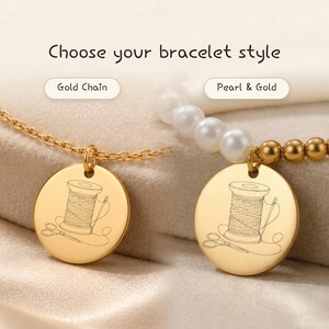 Personalized Spool of Thread Sewing Coin Bracelet • Pearl or Gold Chain • Custom Women's Jewelry