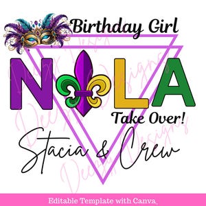 Nola バースデー クルーのテイクオーバー デザイン ファイル | マルディグラ風編集可能テンプレート