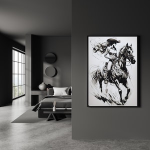 Coastal Cowgirl Digital Art | Western Female Cowboy Print | Black & White Horse Illustration | Rustic Western Wall Art