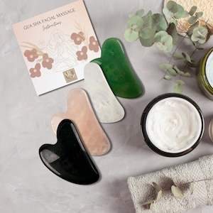 Gua Sha Crystal Gift Set with Instructions, Gift Box, Rose Quartz, Obsidian, Aventurine, Quartz, Facial Massage Tool for Skin & Circulation