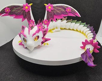 Articulated 3d Printed Dragon with Wings, Floral Dragon, Fidget Toy, Sensory Toy, Shelf Decor