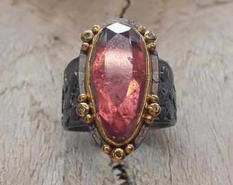 Pink tourmaline and white diamonds - collector statement ring